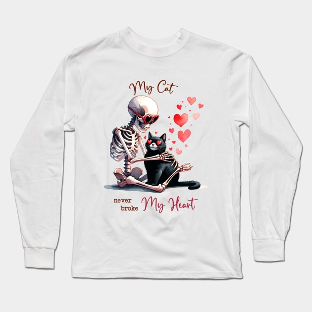 My Cat Never Broke My Heart Skeleton Valentines Day Long Sleeve T-Shirt by Nessanya